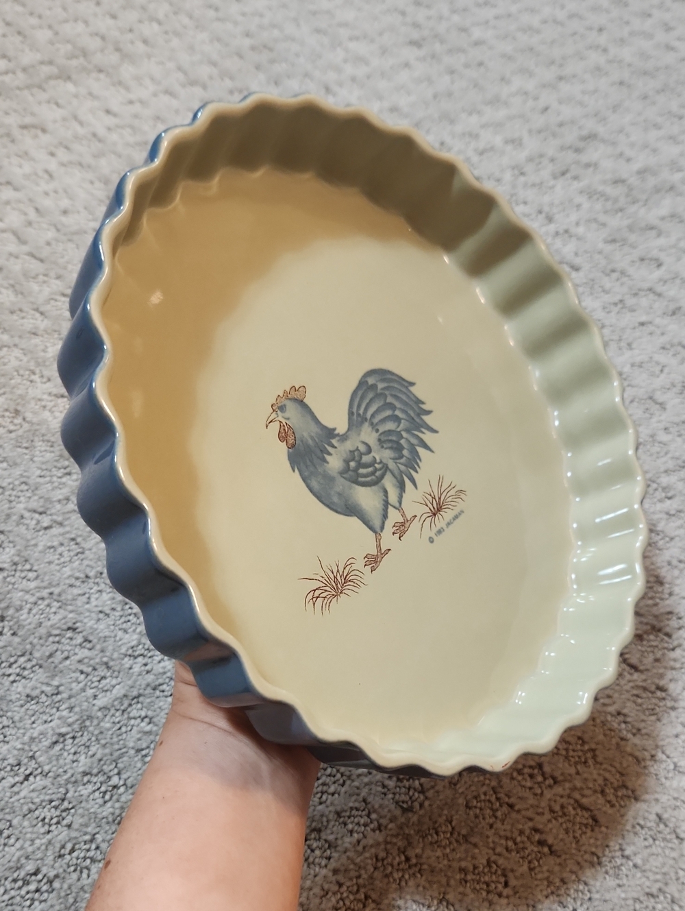 Vintage 1983 Jacaman Pie Dish Rooster Chicken Blue & Red